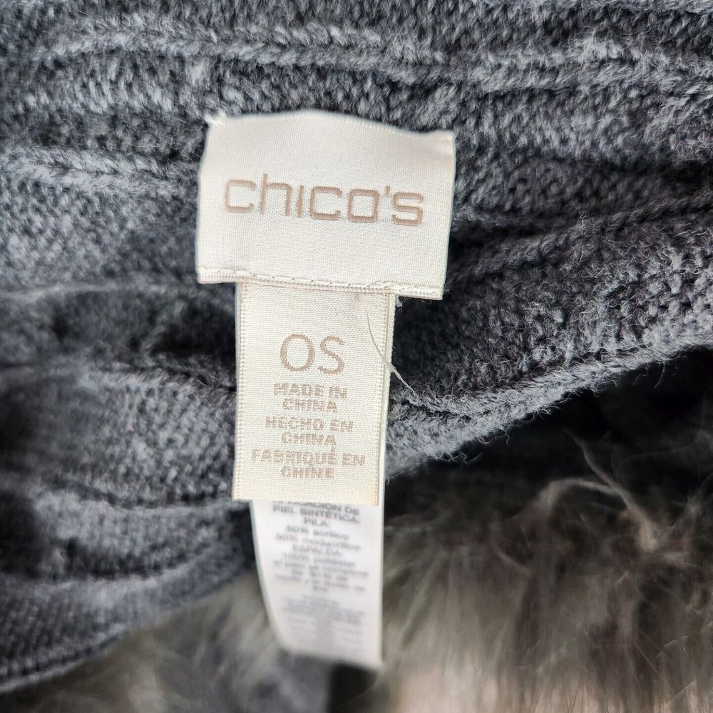 Chicos Nadene Faux Fur Trimmed Wrap Cable Knit Sweater Winter Wrap Gray OS - Picture 6 of 7